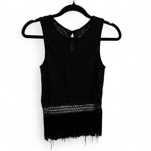 Dulcie Anthropology black sleeveless lace tank top with black fringe